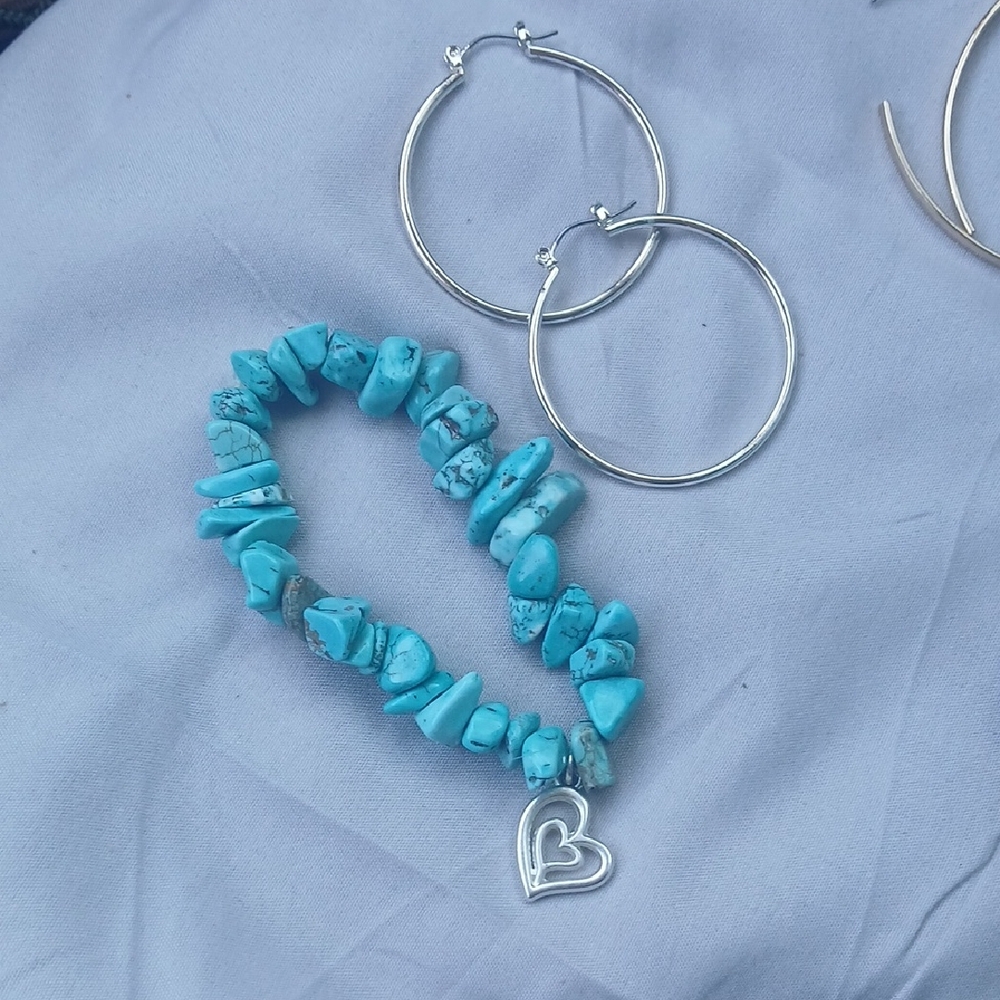 Turquoise Stone Bracelet with Silver Heart Charm
